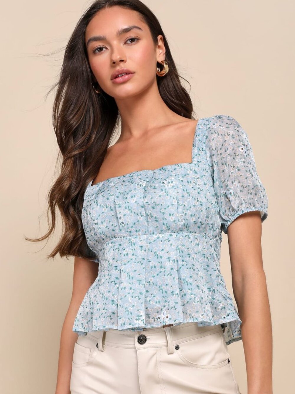 Dainty Effect Blue Floral Embroidered Pleated Puff Sleeve Top - Lulus